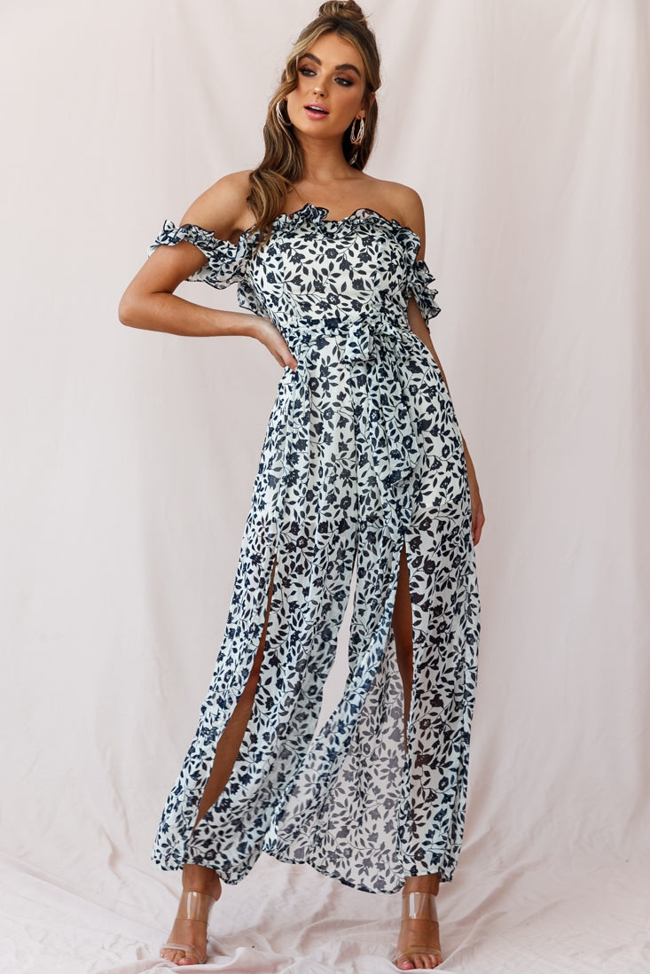 Jazz Bardot Neckline Wide Leg Split Jumpsuit by Selfie Leslie