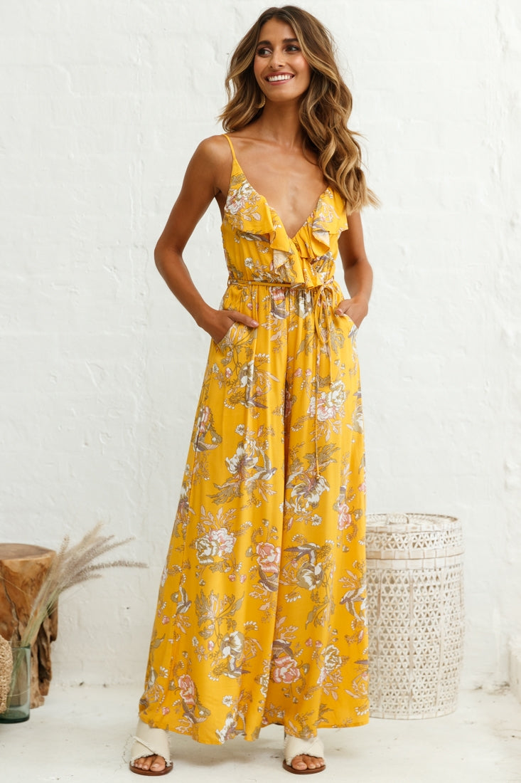 Melita Ruffle V-Neckline Jumpsuit Mustard Print by Selfie Leslie