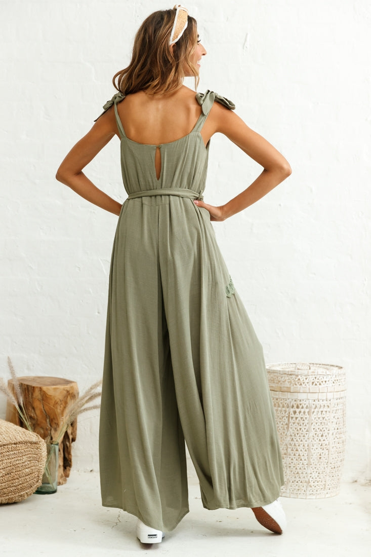 Talitha Tie Strap Wide Leg Jumpsuit Khaki by Selfie Leslie