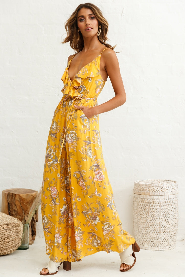 Melita Ruffle V-Neckline Jumpsuit Mustard Print by Selfie Leslie