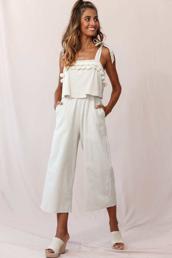 Sirocco Tassel Trim Tied Shoulder Midi Jumpsuit Natural by Selfie Leslie