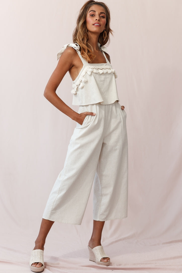 Sirocco Tassel Trim Tied Shoulder Midi Jumpsuit Natural by Selfie Leslie