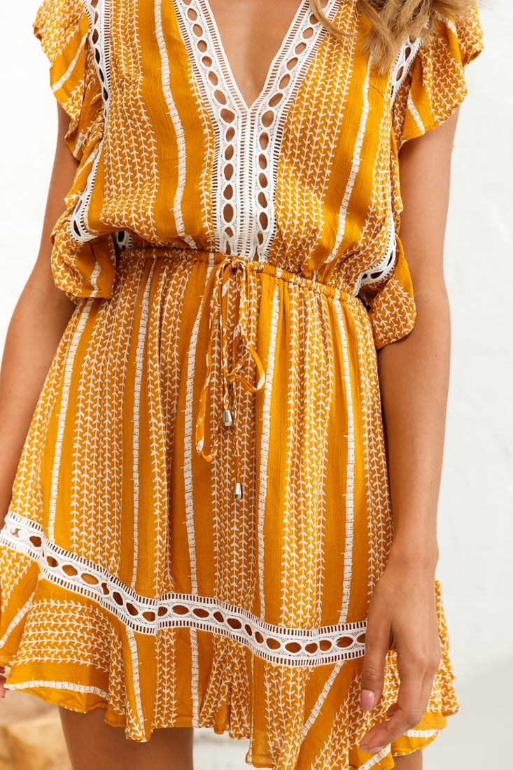 Maranatha Crochet Trim Drawstring Waist Dress Vine Print Mustard by Selfie Leslie