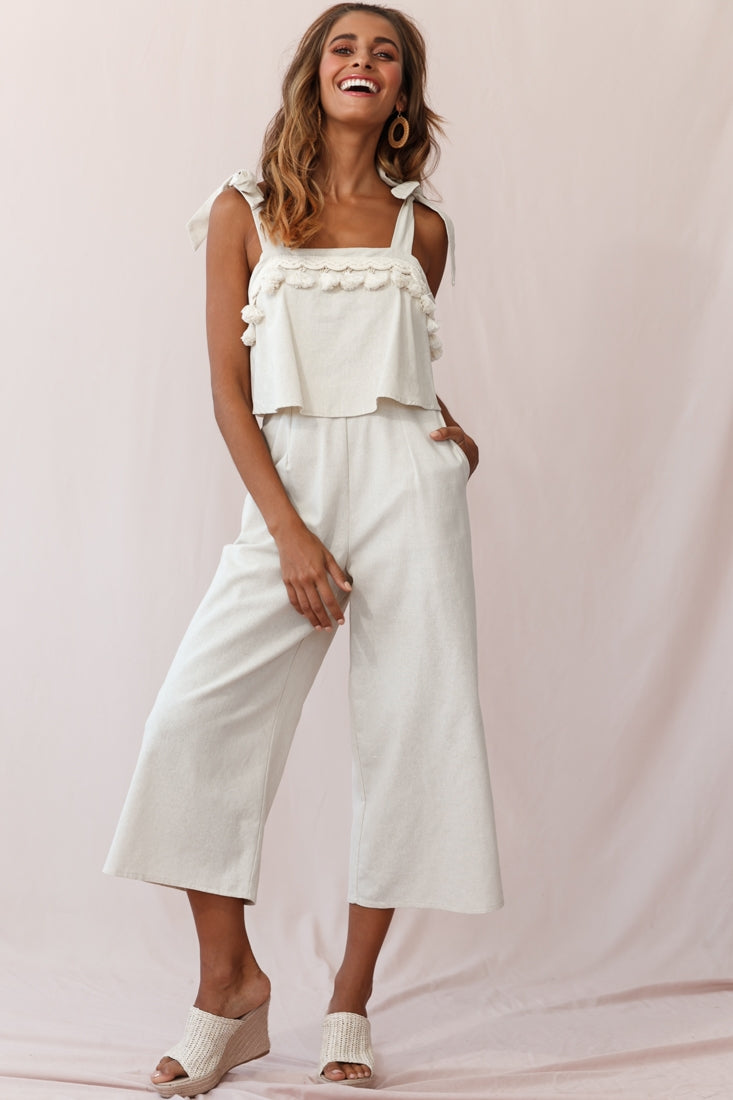 Sirocco Tassel Trim Tied Shoulder Midi Jumpsuit Natural by Selfie Leslie