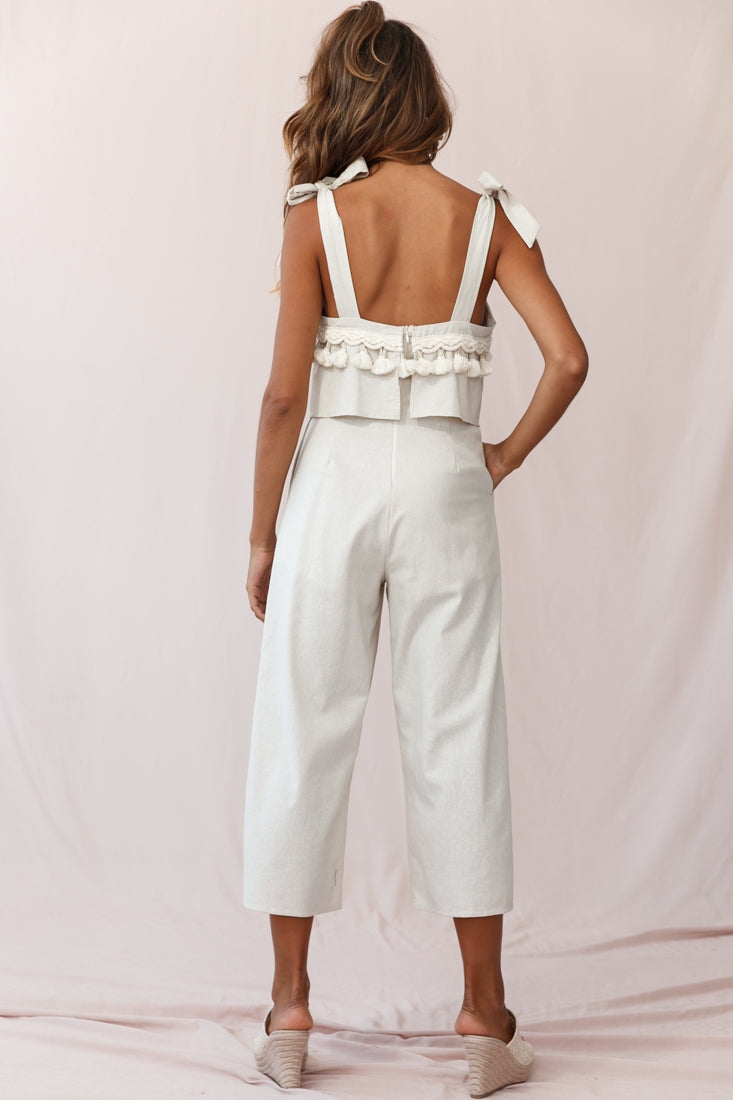 Sirocco Tassel Trim Tied Shoulder Midi Jumpsuit Natural by Selfie Leslie