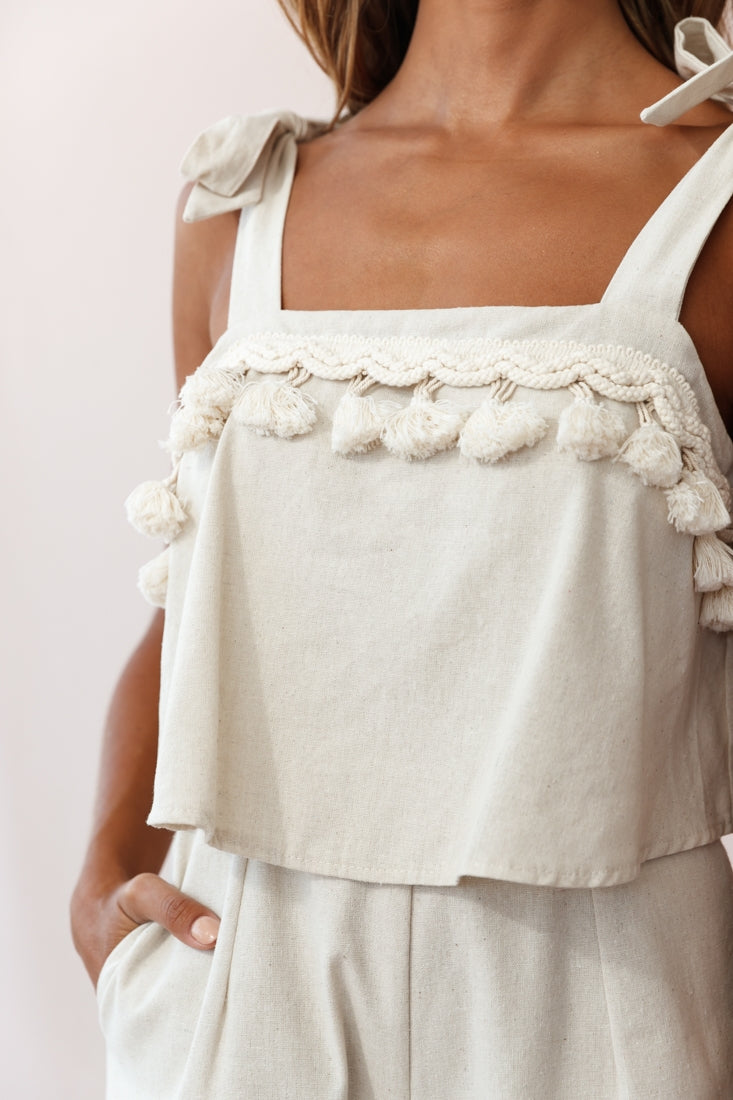 Sirocco Tassel Trim Tied Shoulder Midi Jumpsuit Natural by Selfie Leslie