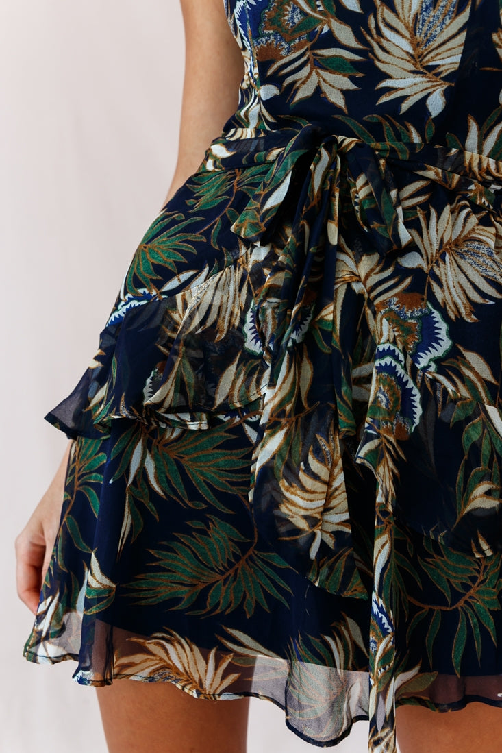 Chase Strapless Tie-Knot Back Dress Leaf Print Navy by Selfie Leslie