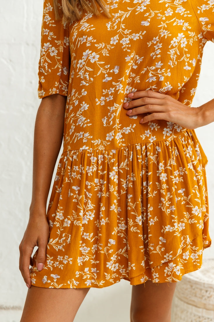 Marika Dropped Waist Short Sleeve Shift Dress Floral Print Mustard by Selfie Leslie