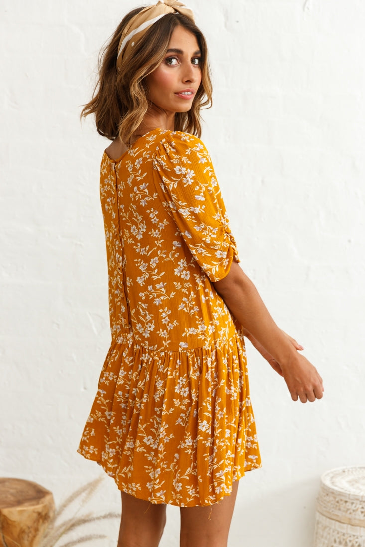 Marika Dropped Waist Short Sleeve Shift Dress Floral Print Mustard by Selfie Leslie