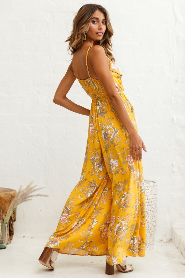 Melita Ruffle V-Neckline Jumpsuit Mustard Print by Selfie Leslie