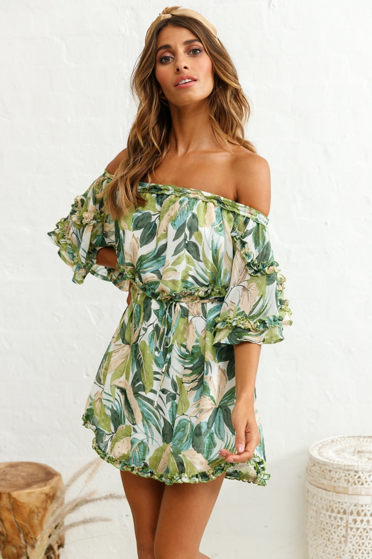 Renoir Off-Shoulder Frill Trim Dress Leaf Print White/Green by Selfie Leslie