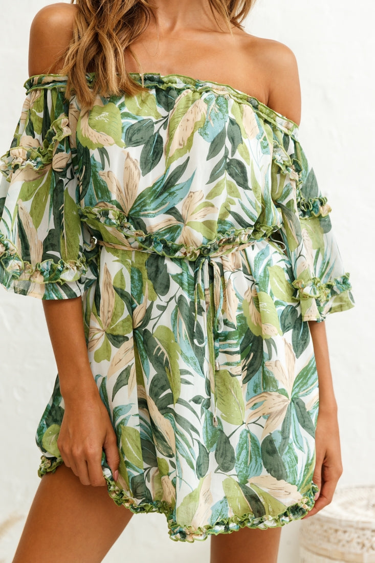 Renoir Off-Shoulder Frill Trim Dress Leaf Print White/Green by Selfie Leslie