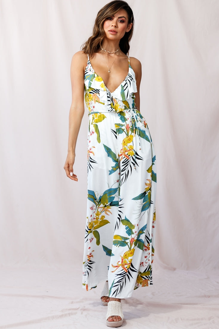 Melita Ruffle V-Neckline Jumpsuit Tropical Print White by Selfie Leslie