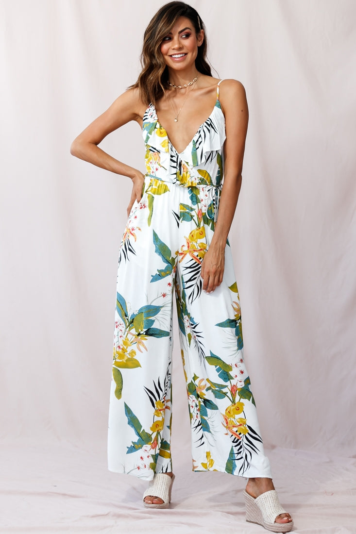 Melita Ruffle V-Neckline Jumpsuit Tropical Print White by Selfie Leslie