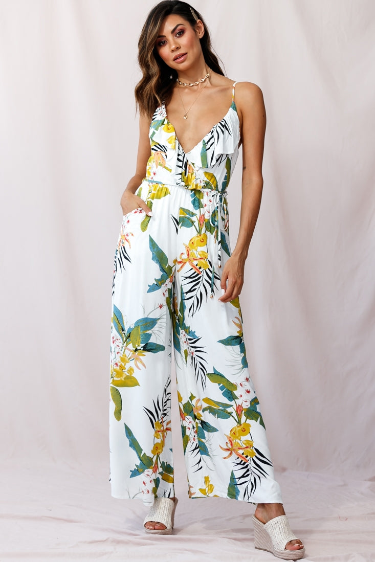 Melita Ruffle V-Neckline Jumpsuit Tropical Print White by Selfie Leslie