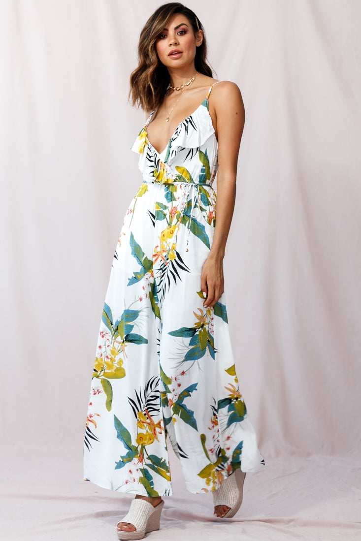 Melita Ruffle V-Neckline Jumpsuit Tropical Print White by Selfie Leslie