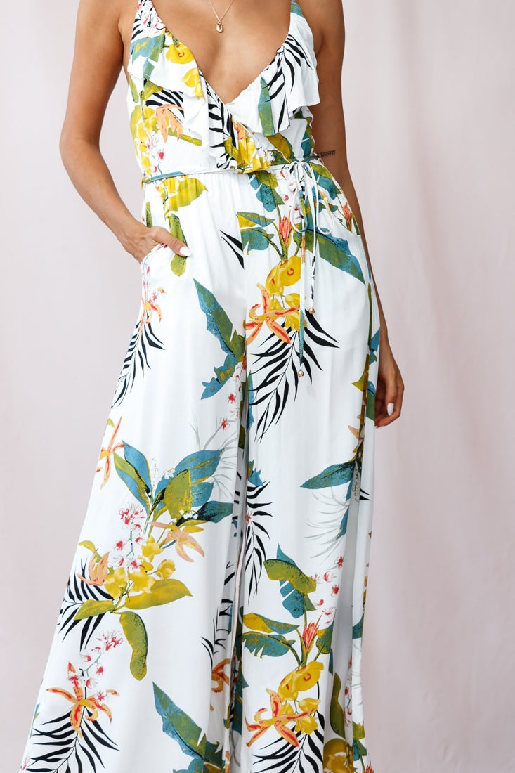 Melita Ruffle V-Neckline Jumpsuit Tropical Print White by Selfie Leslie