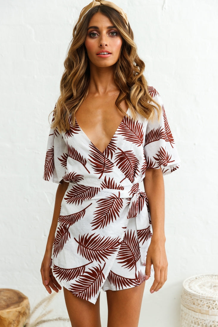Nadi V-Neckline Wrap Romper Palm Print Wine by Selfie Leslie