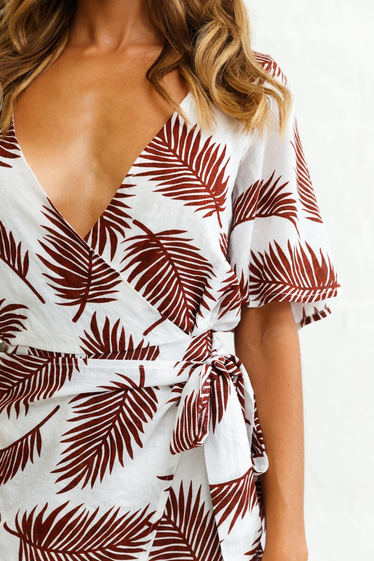 Nadi V-Neckline Wrap Romper Palm Print Wine by Selfie Leslie