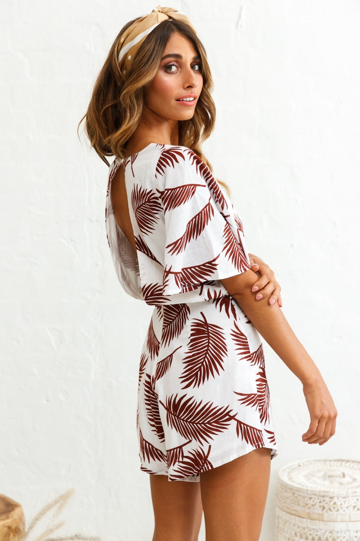 Nadi V-Neckline Wrap Romper Palm Print Wine by Selfie Leslie