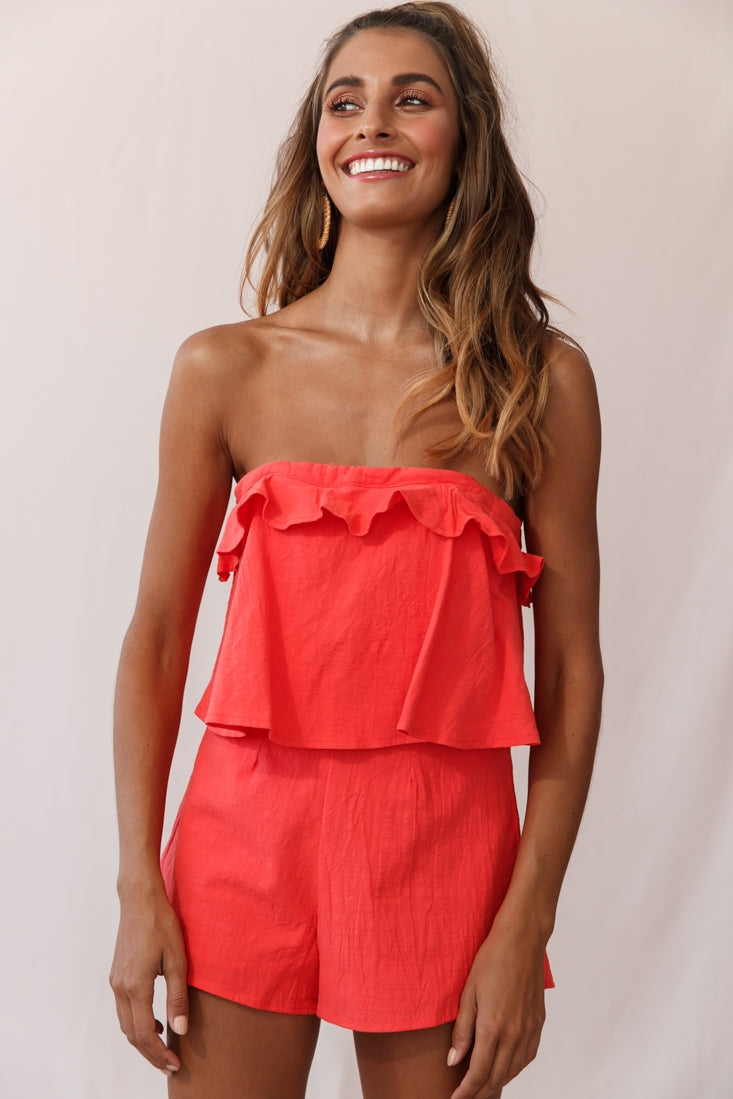 Joey Strapless Tie-Back Romper Orange Tangerine by Selfie Leslie