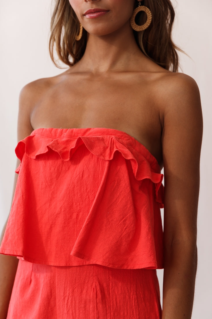 Joey Strapless Tie-Back Romper Orange Tangerine by Selfie Leslie