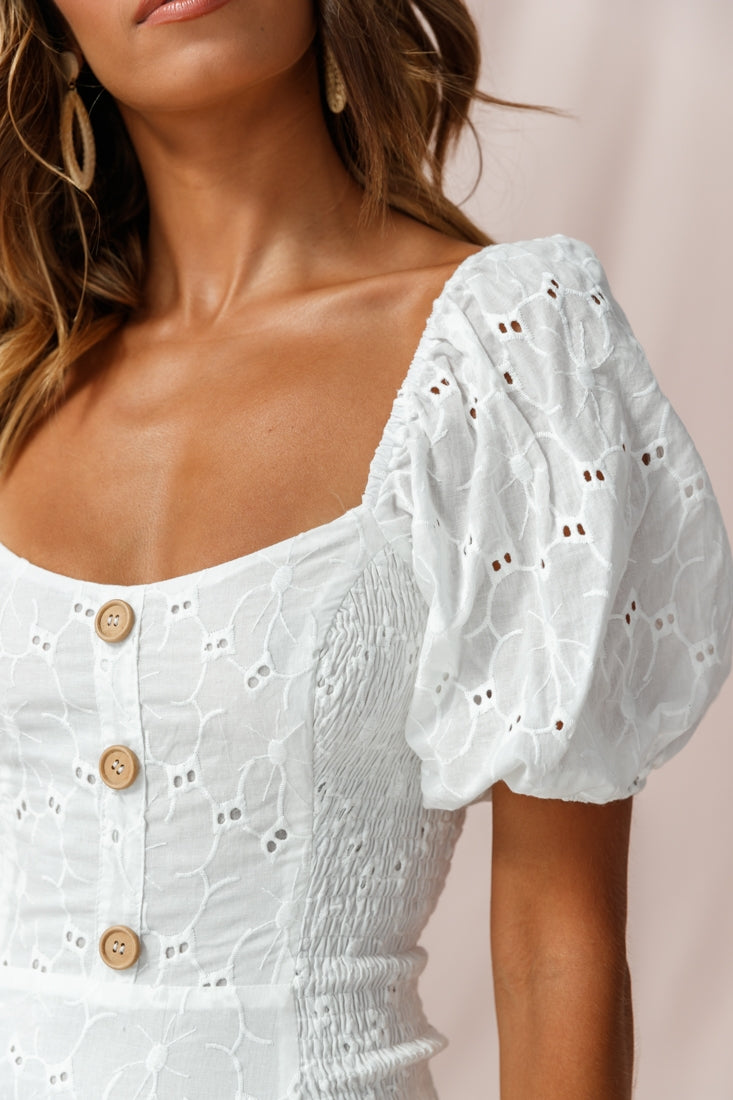 Darling Puff Sleeve Shirred Dress White by Selfie Leslie