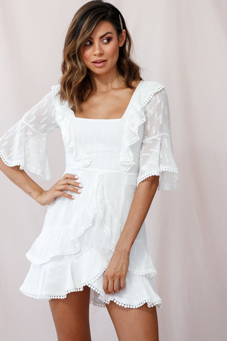 Evangelina Square Neckline Fluted Half-Sleeve Dress White by Selfie Leslie