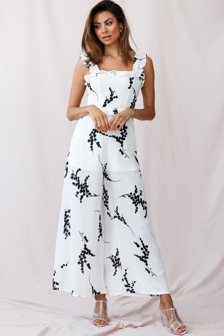 Azure Frill Strap Wide Leg Jumpsuit Floral Print White by Selfie Leslie