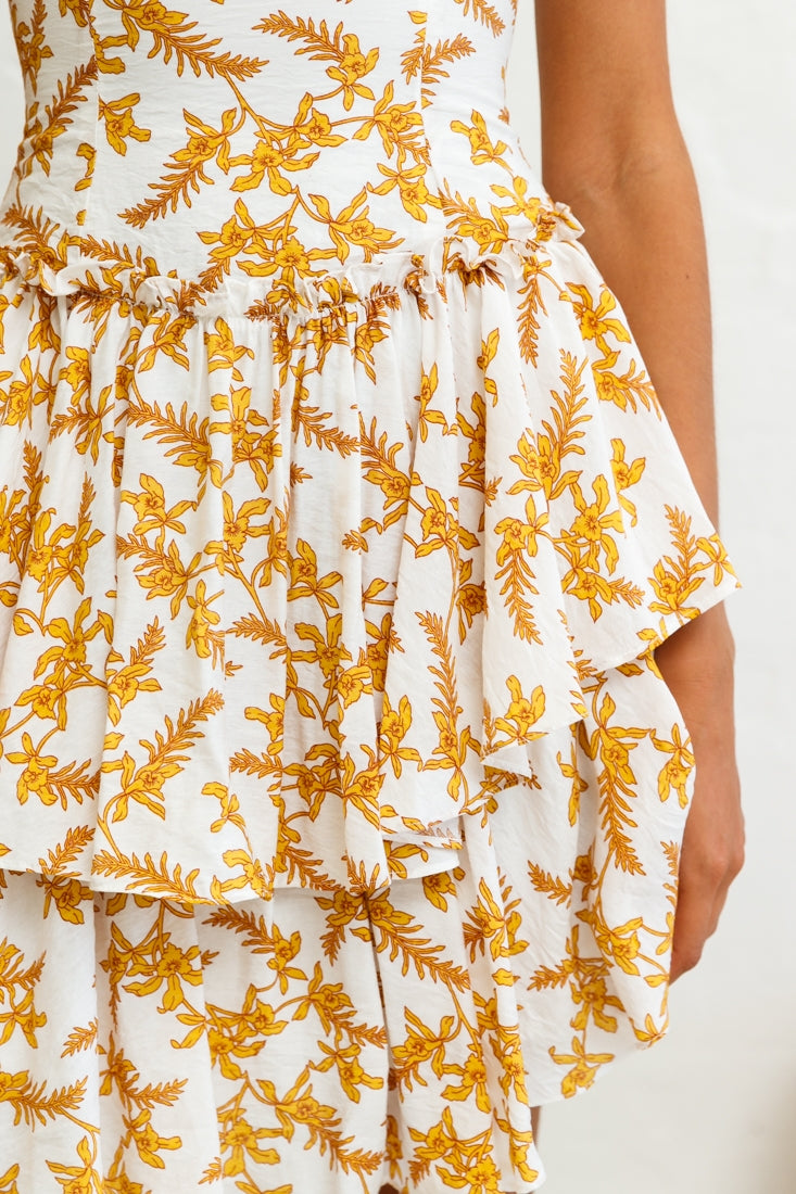 Evie Fitted Bodice Double Flounce Hem Floral Print Dress White by Selfie Leslie