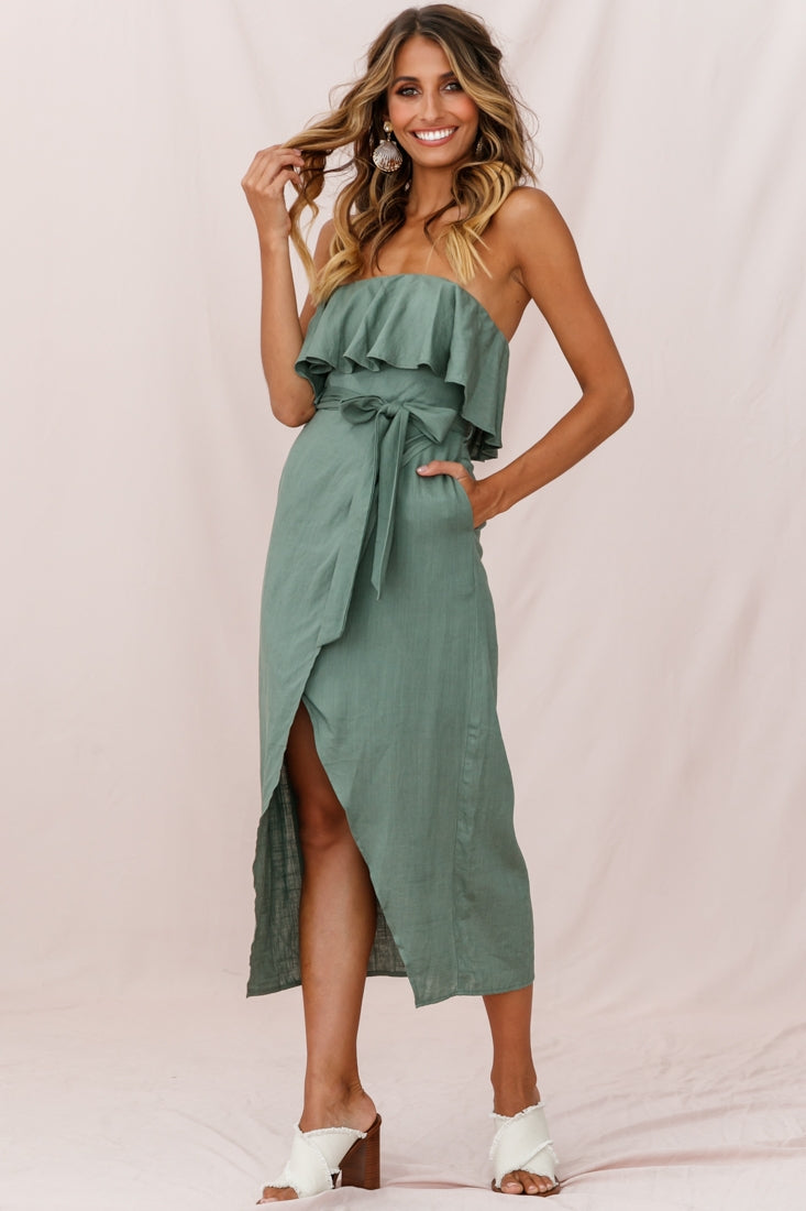 Hamilton Bandeau Ruffle Midi Dress Olive by Selfie Leslie
