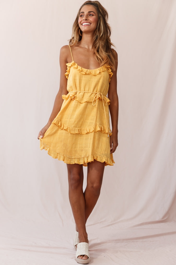 Maria Frill Trim Spaghetti Strap Dress Mustard by Selfie Leslie