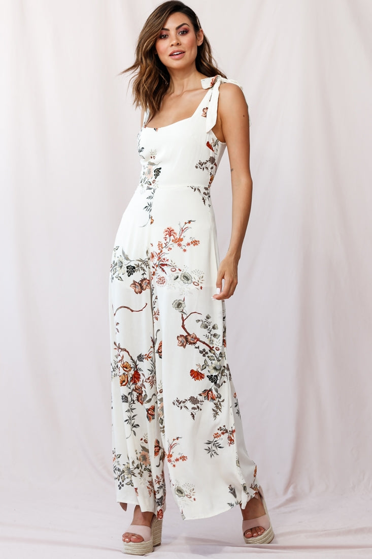 Therese Tied-Shoulder Wide Leg Jumpsuit Floral Print Beige by Selfie Leslie