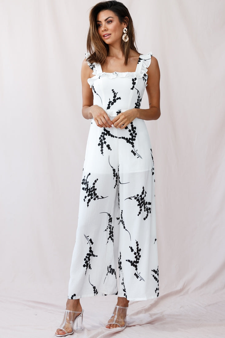 Azure Frill Strap Wide Leg Jumpsuit Floral Print White by Selfie Leslie
