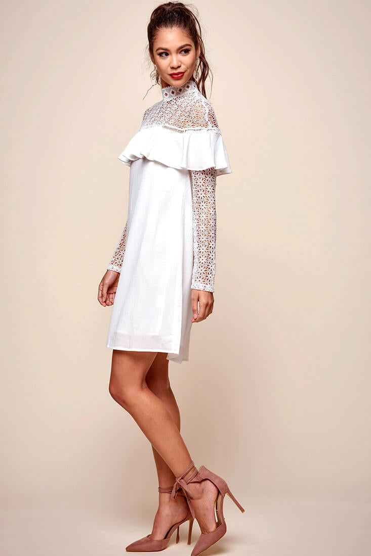 Mendes Lace Detailed High Neck Long Sleeved Dress White by Selfie Leslie