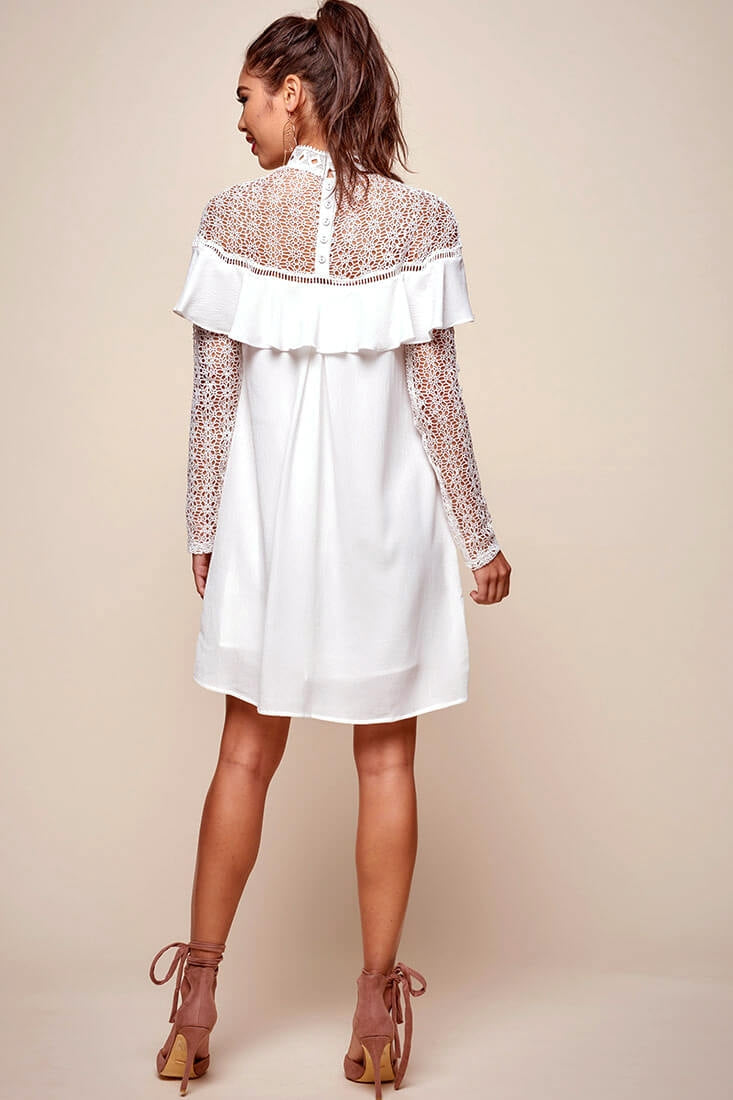 Mendes Lace Detailed High Neck Long Sleeved Dress White by Selfie Leslie