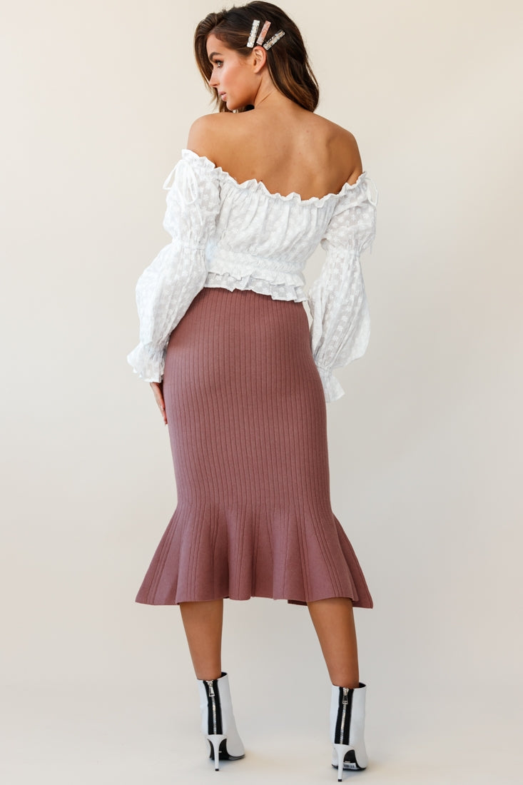 Shalon Ribbed Knit Fluted Hem Midi Skirt Antique Rose by Selfie Leslie