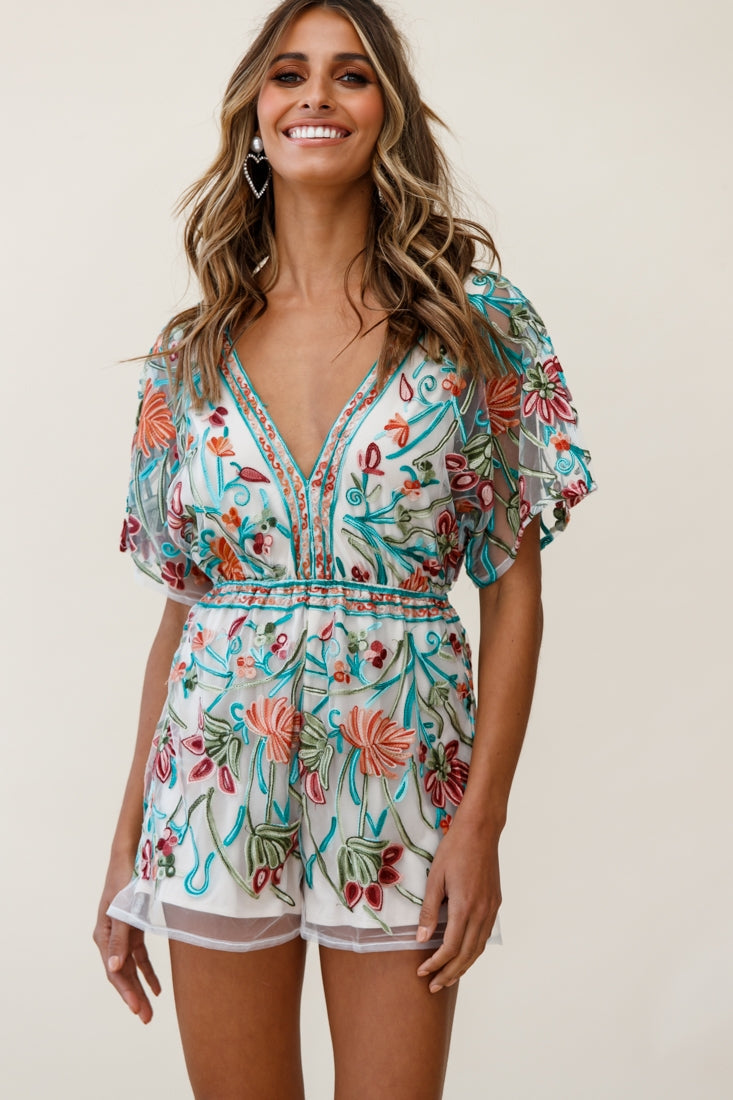 Cecelia Dressy Floral Romper Green Jade by Selfie Leslie