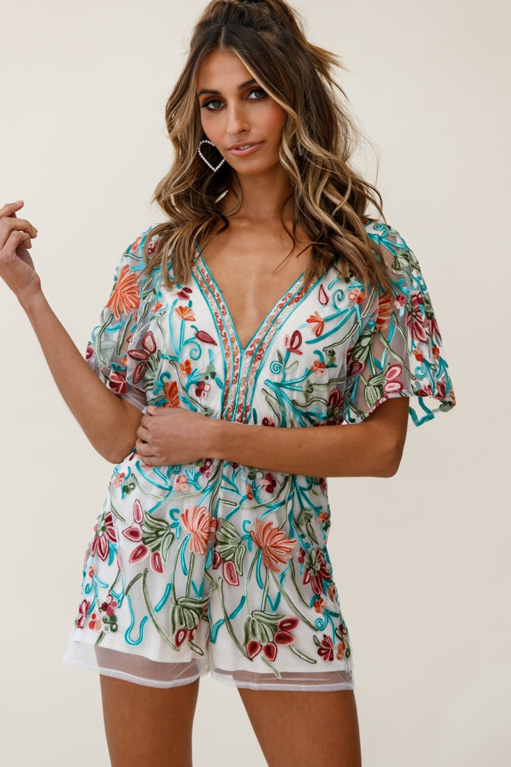 Cecelia Dressy Floral Romper Green Jade by Selfie Leslie