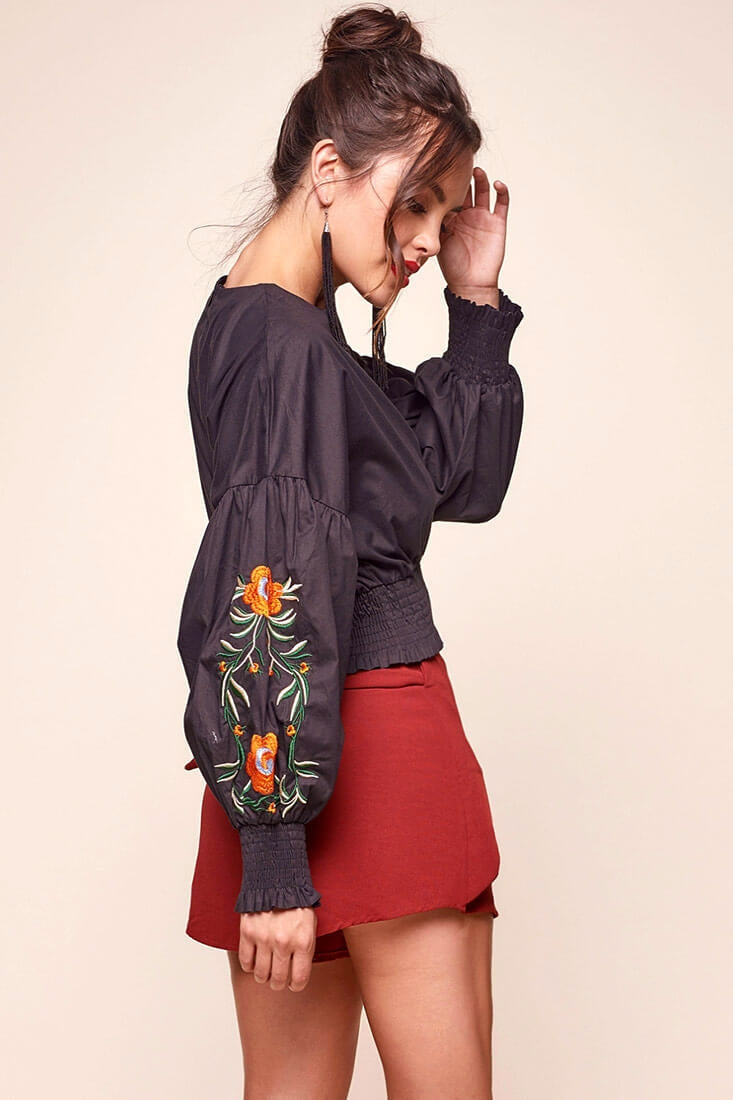 Halle Floral Puff Sleeved Cropped Top Black by Selfie Leslie