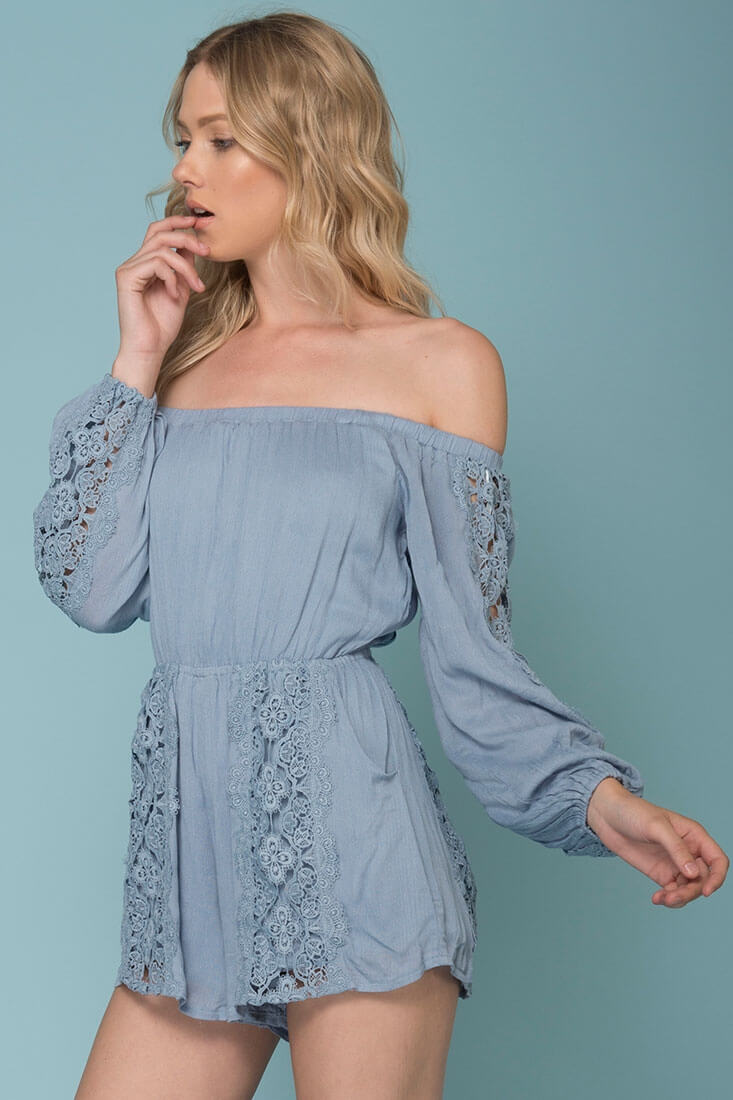 Eliana Off The Shoulder Lace Sleeve Romper Blue by Selfie Leslie