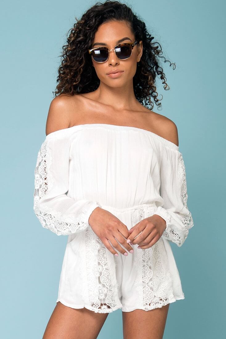 Eliana Off The Shoulder Lace Sleeve Romper White by Selfie Leslie