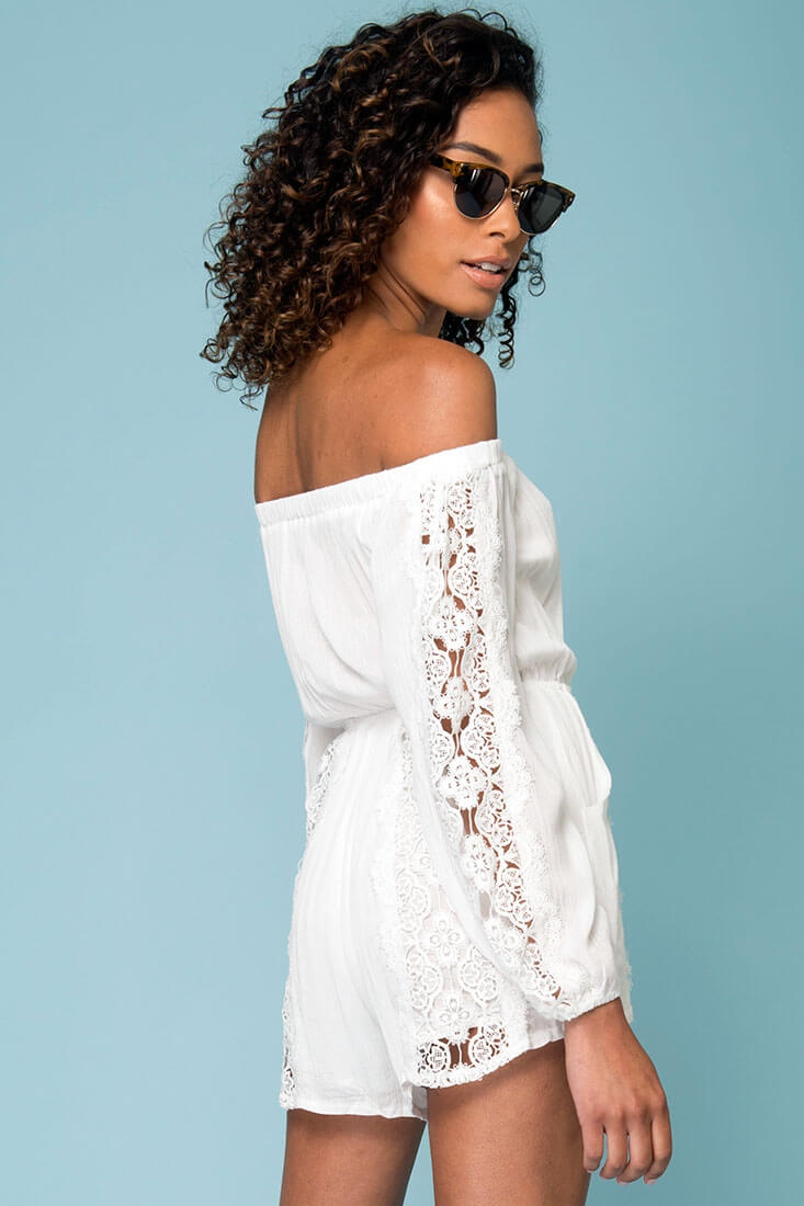 Eliana Off The Shoulder Lace Sleeve Romper White by Selfie Leslie