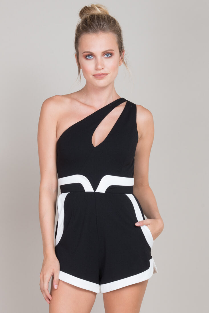 Noelle Asymmetrical Party Romper Black by Selfie Leslie