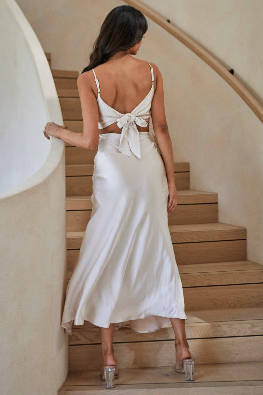 Acapulco Cami Strap Tied Back Satin Maxi Dress Champagne by Selfie Leslie