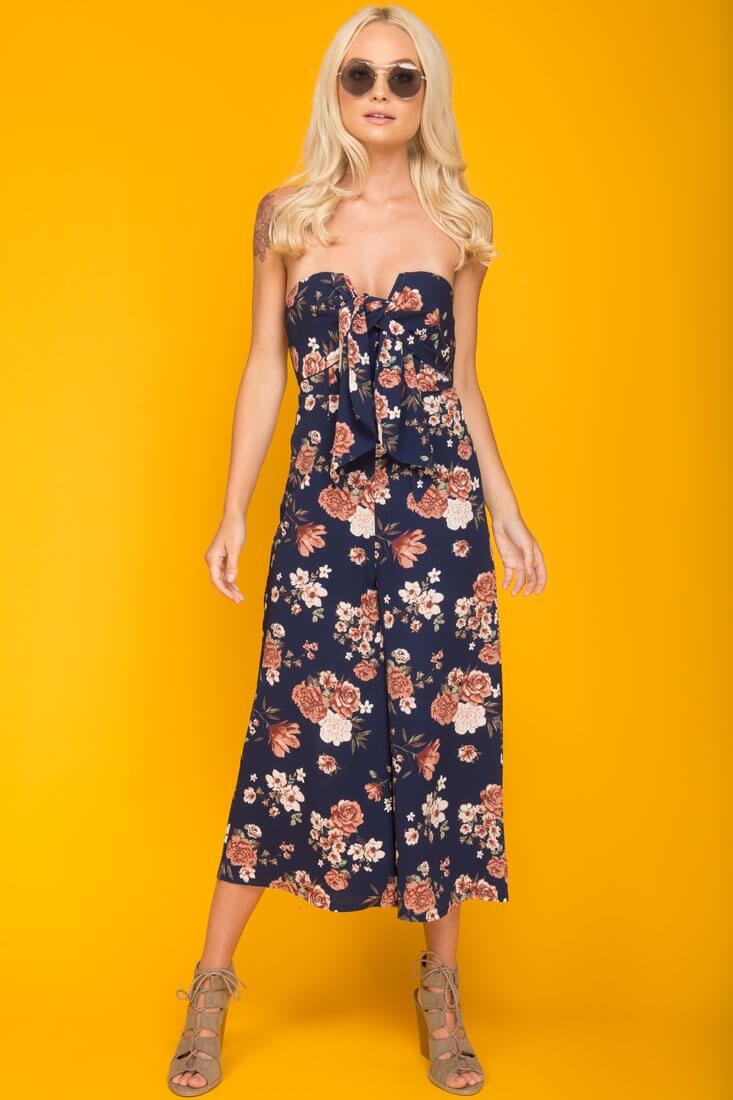 Khloe Floral Summer Bow Tie Jumpsuit Navy by Selfie Leslie