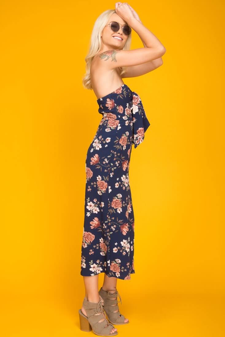 Khloe Floral Summer Bow Tie Jumpsuit Navy by Selfie Leslie