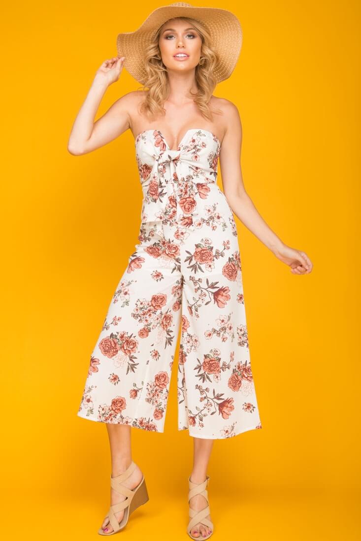 Khloe Floral Summer Bow Tie Jumpsuit White by Selfie Leslie
