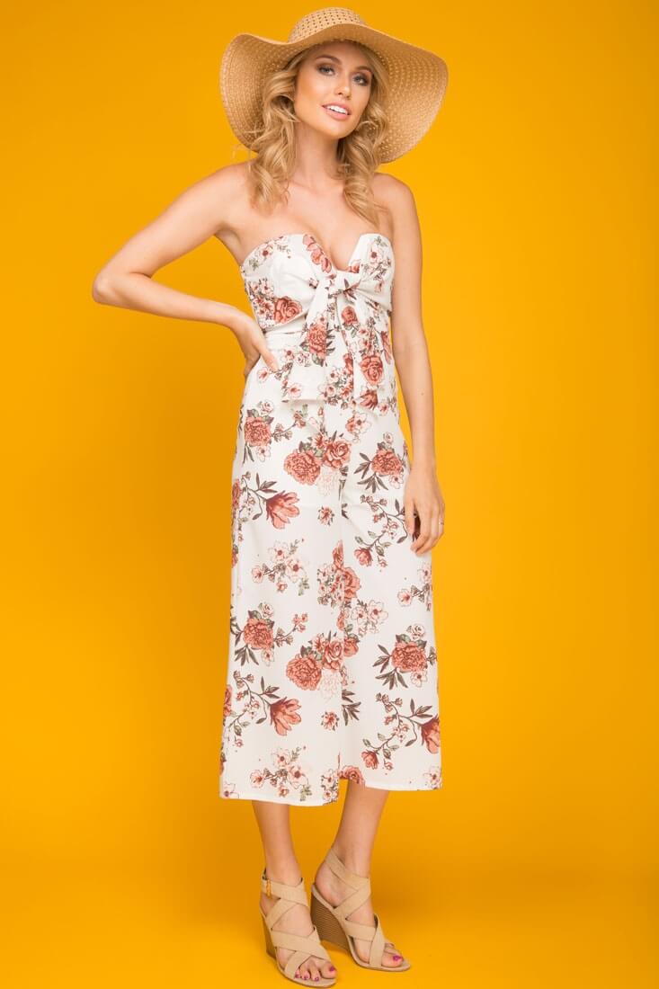 Khloe Floral Summer Bow Tie Jumpsuit White by Selfie Leslie