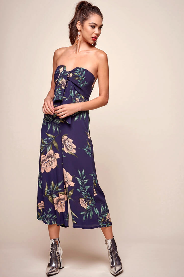 Khloe Floral Bow Tie Jumpsuit Navy by Selfie Leslie